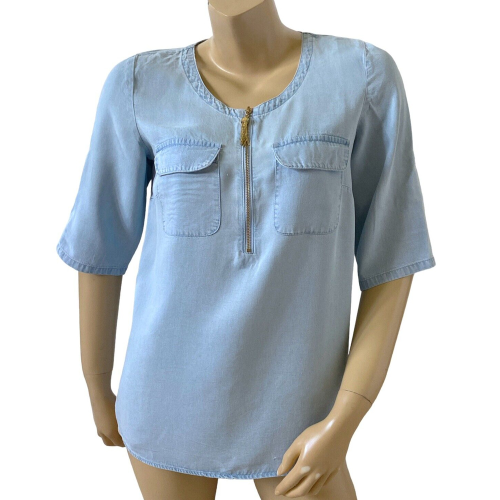 Ellen Tracy Womens Size Small Chambray Blue Blouse Convertible Sleeve Half Zip